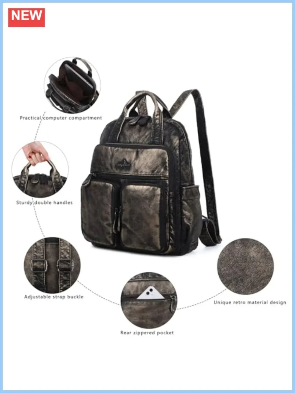 Women's Soft Vegan Leather Multi Pocket Casual Travel Backpack Purse